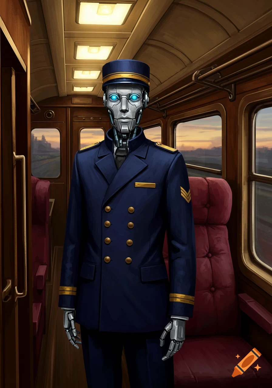 A detailed illustration of a robot train conductor with glowing blue eyes wearing a blue uniform and cap, standing in a vintage train car.