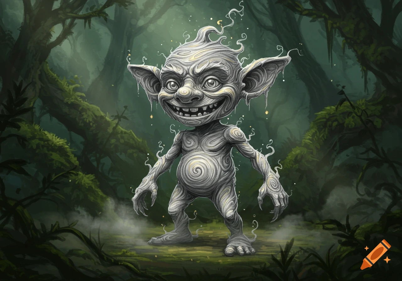 A smiling, grey, goblin-like creature made of swirling textures stands in a dark, mossy fantasy forest.