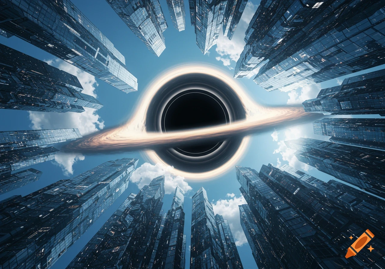 A massive black hole with a glowing accretion disk floats above a futuristic cityscape of towering glass skyscrapers, viewed from below.