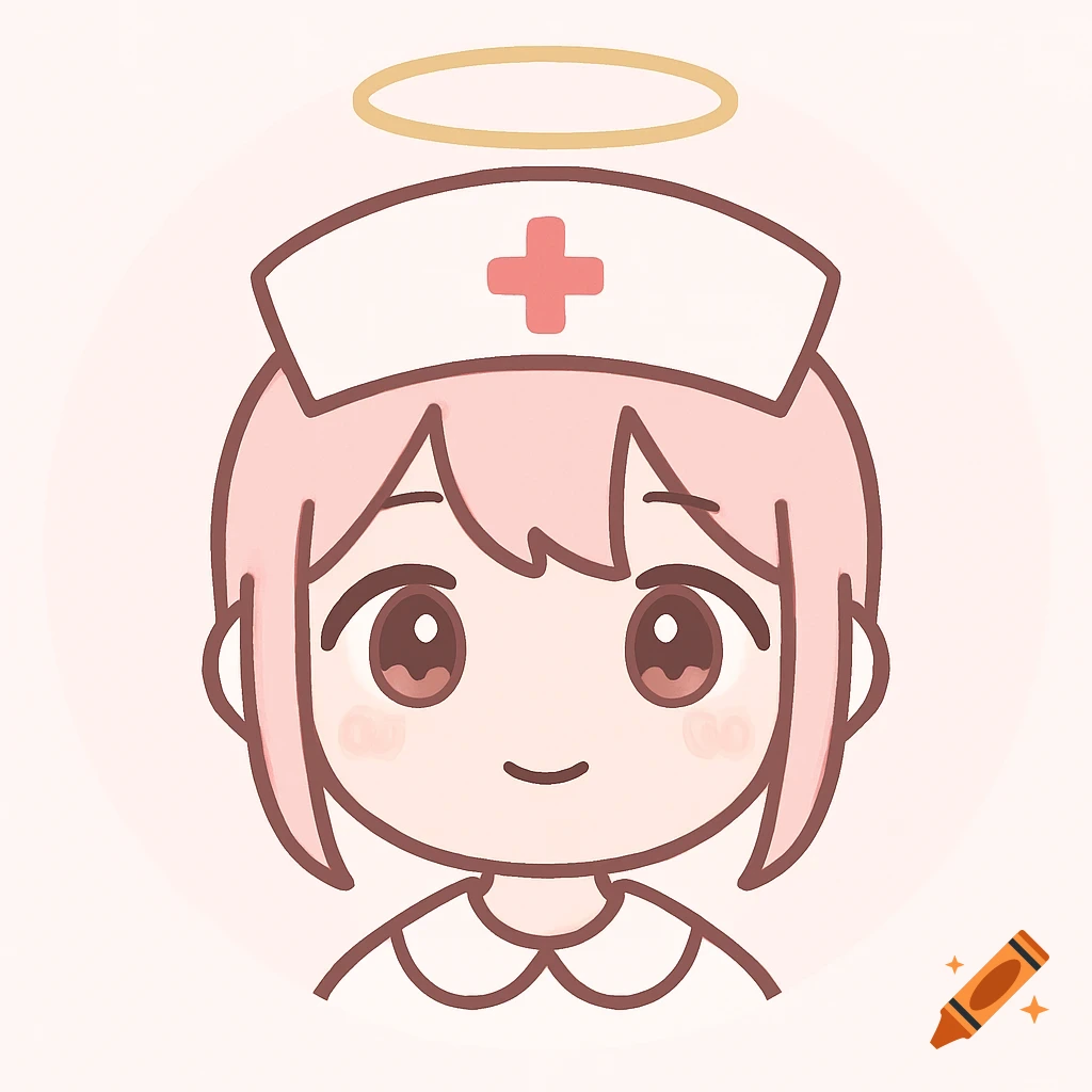 Cute minimalist anime nurse character face with pink hair, nurse cap, and halo.