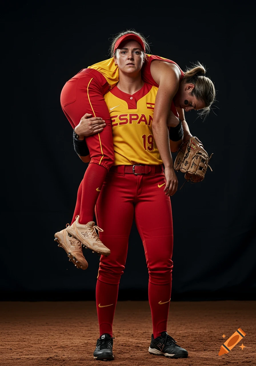 A female softball player in a red and yellow Spain uniform carries her teammate over her shoulders on a dirt field.