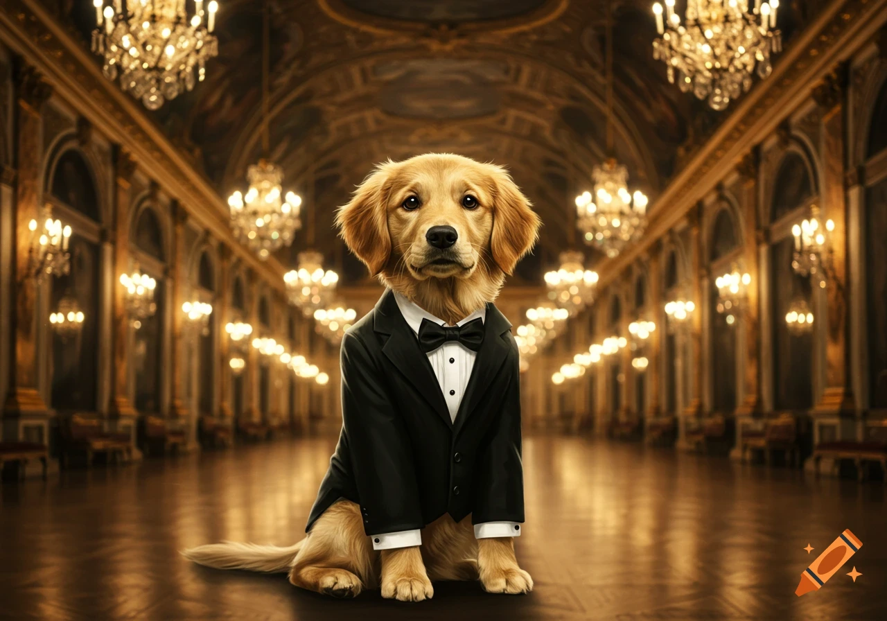 A golden retriever puppy wearing a black tuxedo with a bow tie sits in a grand, opulent ballroom with many chandeliers, photorealistic.