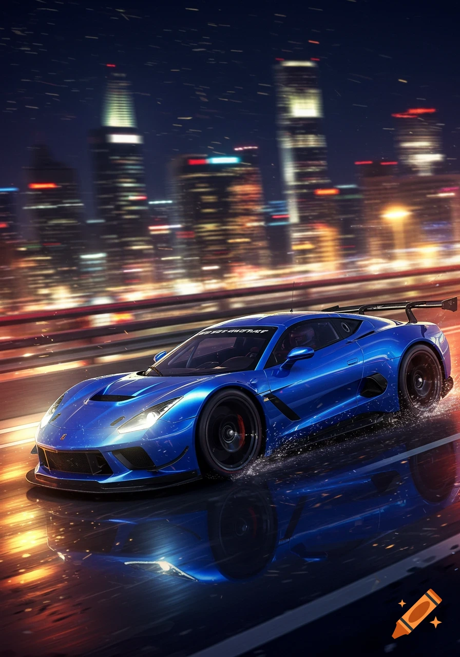 A sleek blue sports car races on a wet city street at night, with blurred city lights in the background.