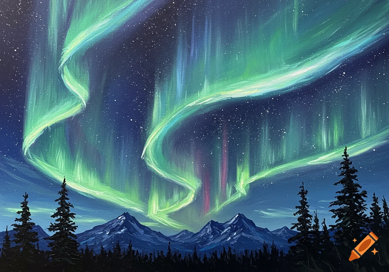 An oil painting of vibrant green and blue Aurora borealis swirling over snow-capped mountains and silhouetted pine trees at night.
