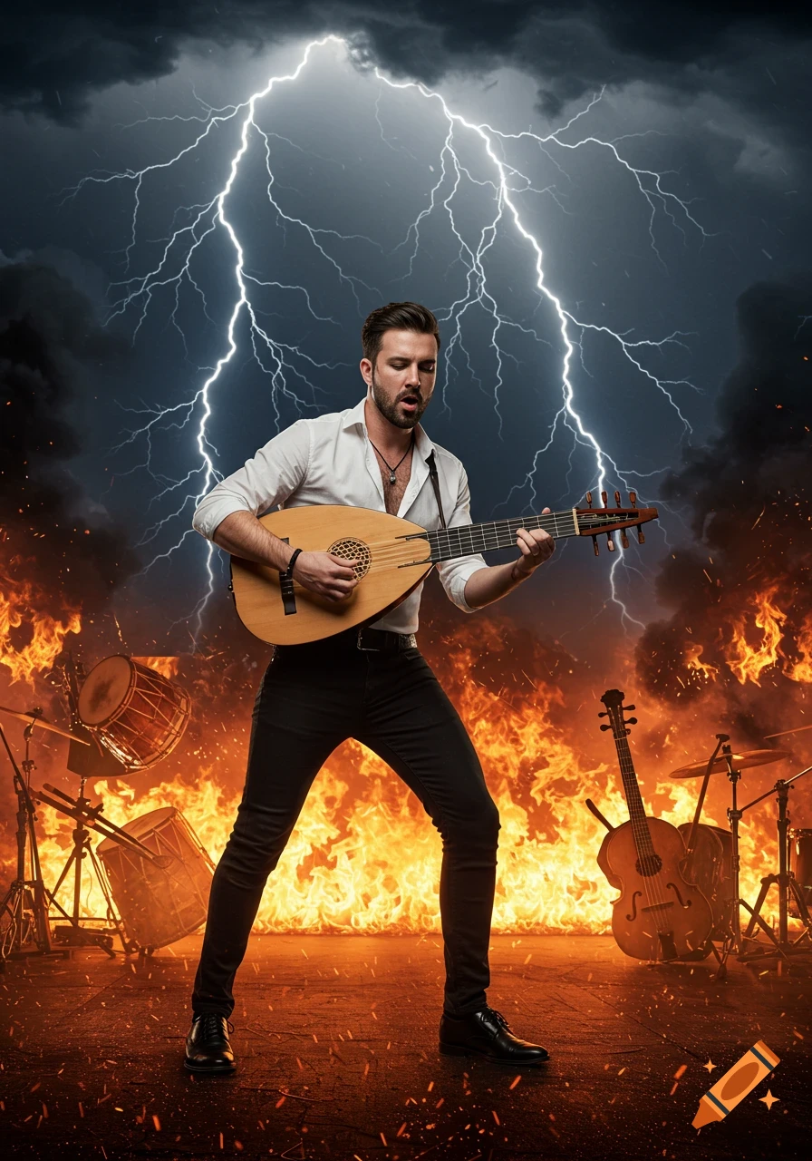 A man in a white shirt and black jeans plays a lute on a fiery stage under a stormy sky with lightning.