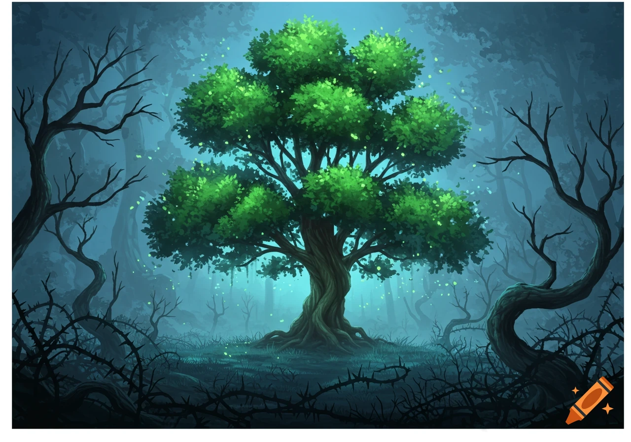 A vibrant green tree stands amidst gnarled, thorny branches in a mystical, blue-lit fantasy forest with glowing particles.