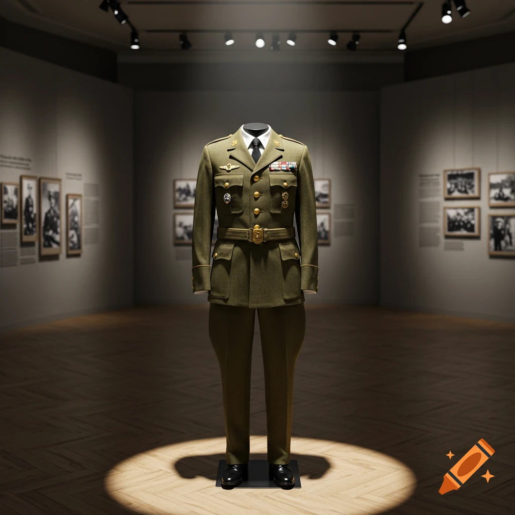 A military uniform on a headless mannequin stands illuminated by a spotlight in a dimly lit museum exhibit.
