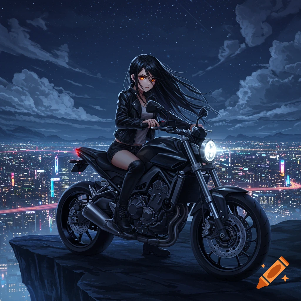 An anime girl with long black hair and glowing orange eyes sits on a black motorcycle on a cliff overlooking a sparkling night city.