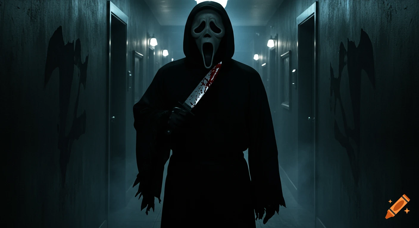 Ghostface stands menacingly in a dark, ominous hallway, holding a bloody knife with cinematic lighting.