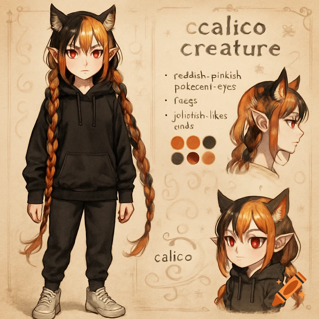 An anime character sheet featuring a humanoid calico creature with long braided hair, cat ears, and red eyes, wearing a black hoodie and sweatpants. Various character poses and details are shown on a light brown background.