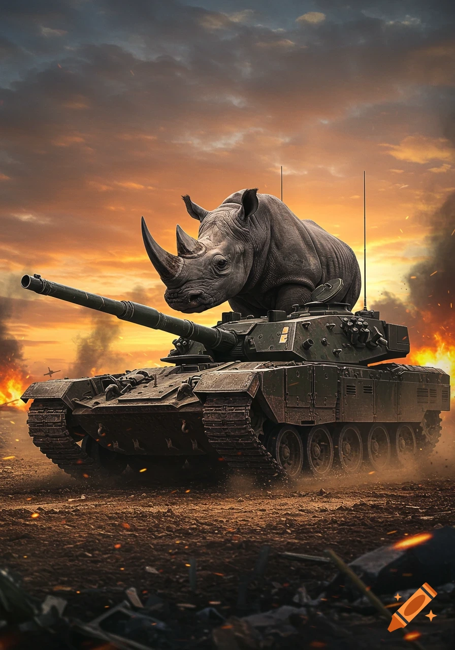 A photorealistic rhino on a military tank on a battlefield with explosions at sunset.
