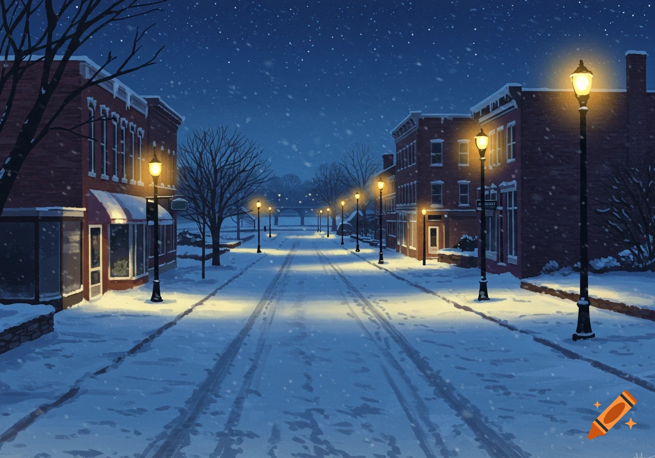 An illustrative view of a snow-covered street in a small town at night, with brick buildings, streetlights, and falling snow.
