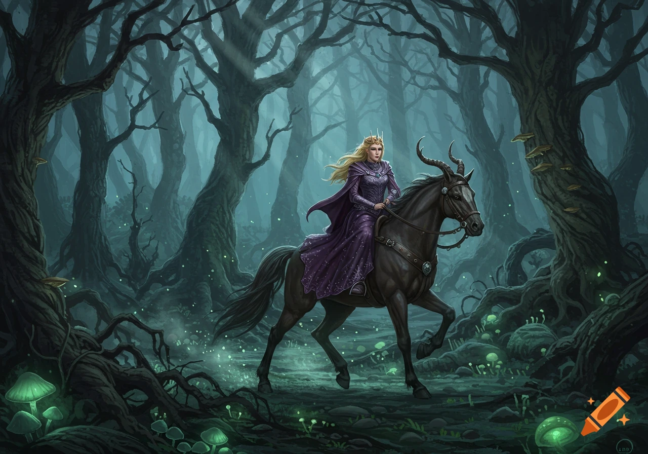 A blonde princess in a purple gown rides a dark, horned horse through a misty, enchanted forest with glowing mushrooms.
