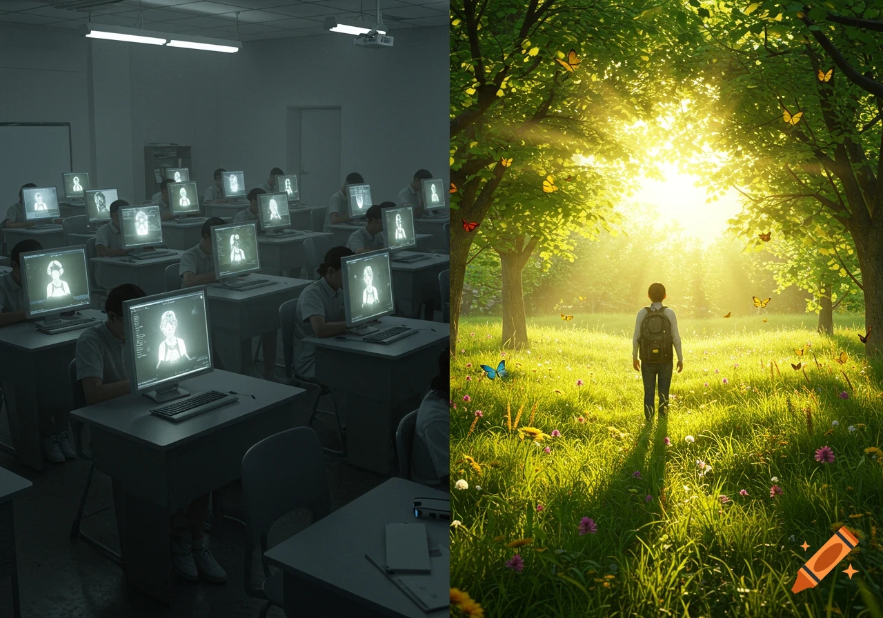A split image showing a dark classroom with students looking at glowing screens on the left, and a person walking into a bright, sunlit forest with butterflies on the right.