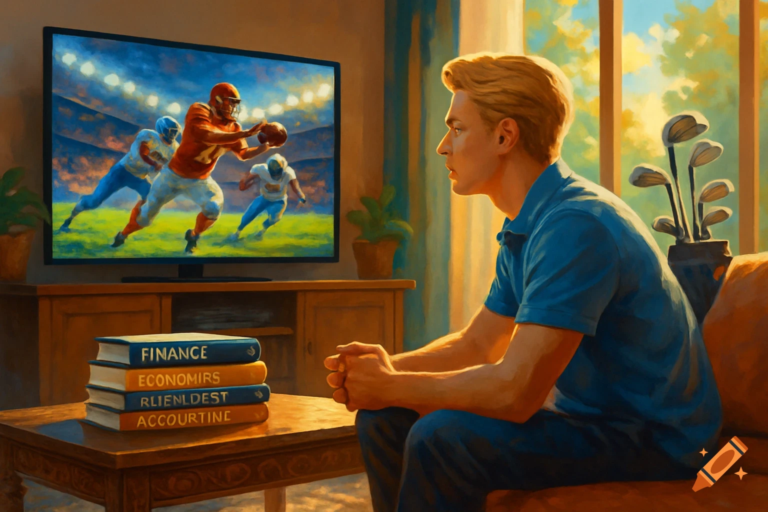 A blonde man in a blue polo shirt watches a football game on a large TV, sitting on a couch in a sunlit room with books and golf clubs nearby, in a painting style.