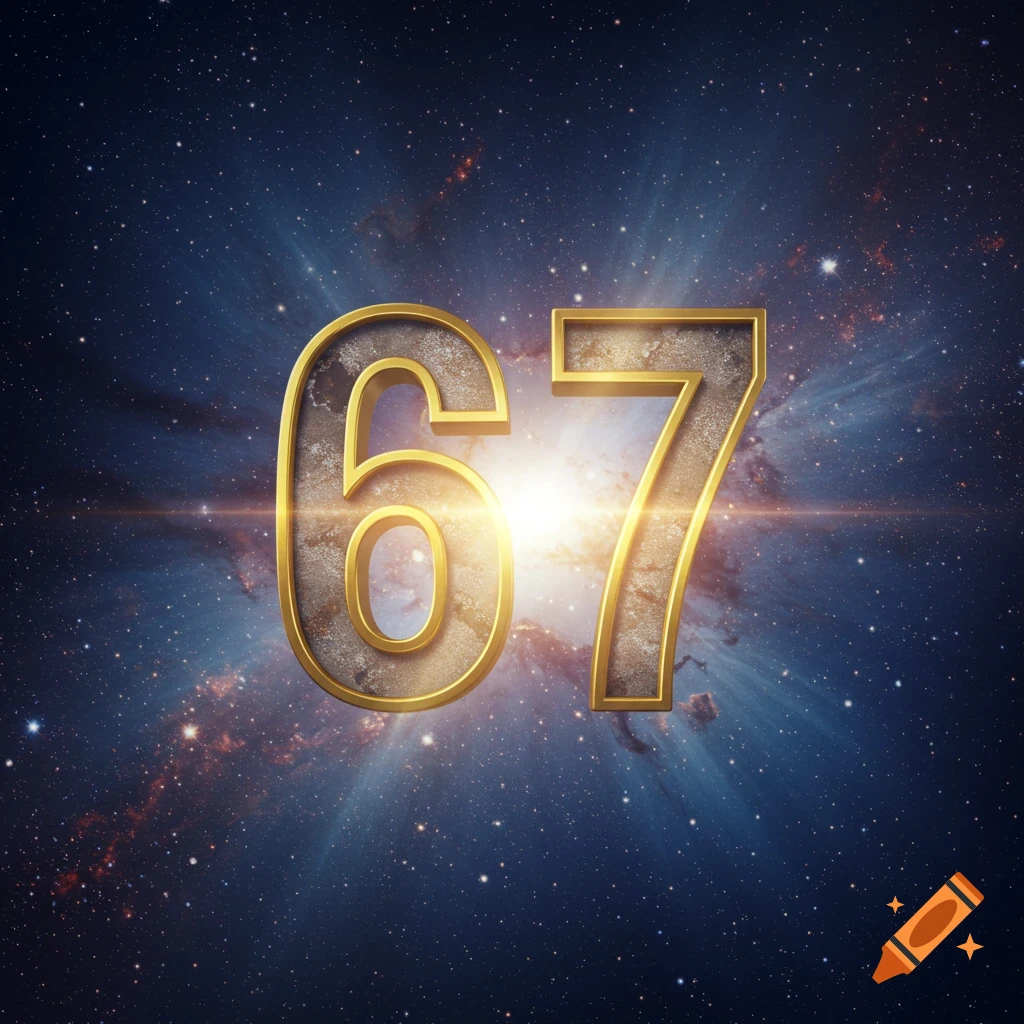 The number 67 with a gold outline and a textured grey fill floats in space with a bright light burst behind it.