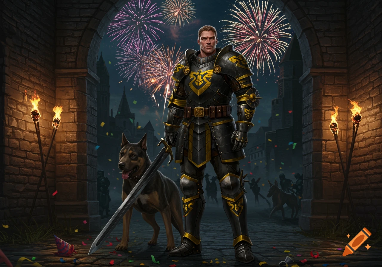A knight in black and gold armor stands with a dog under a stone archway as fireworks burst and confetti falls at night.