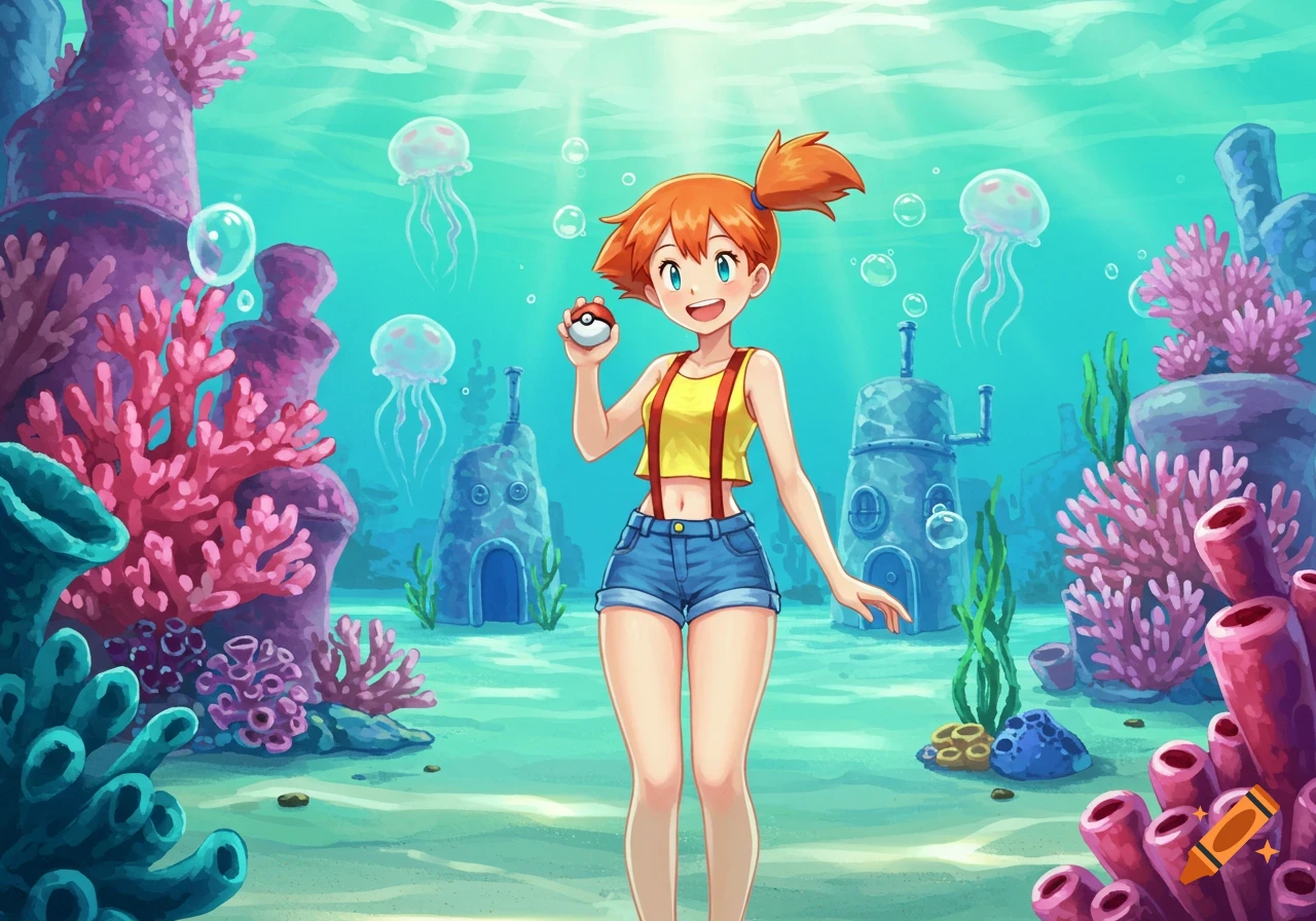 Misty from Pokémon smiles while holding a Poké Ball in a vibrant anime underwater scene with coral, jellyfish, and SpongeBob-like buildings.