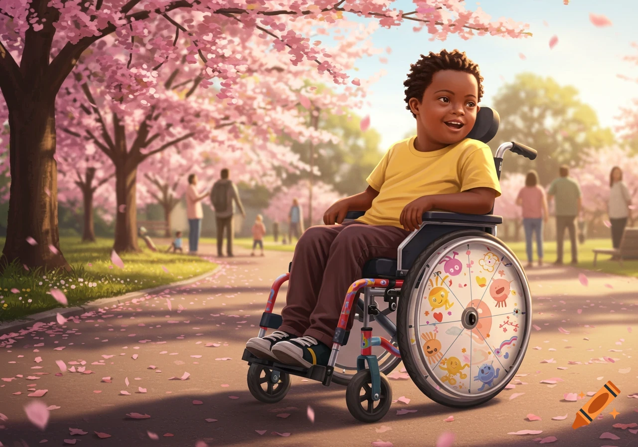 A smiling Black child in a wheelchair with decorative wheels sits on a path in a park with pink cherry blossom trees and fallen petals.