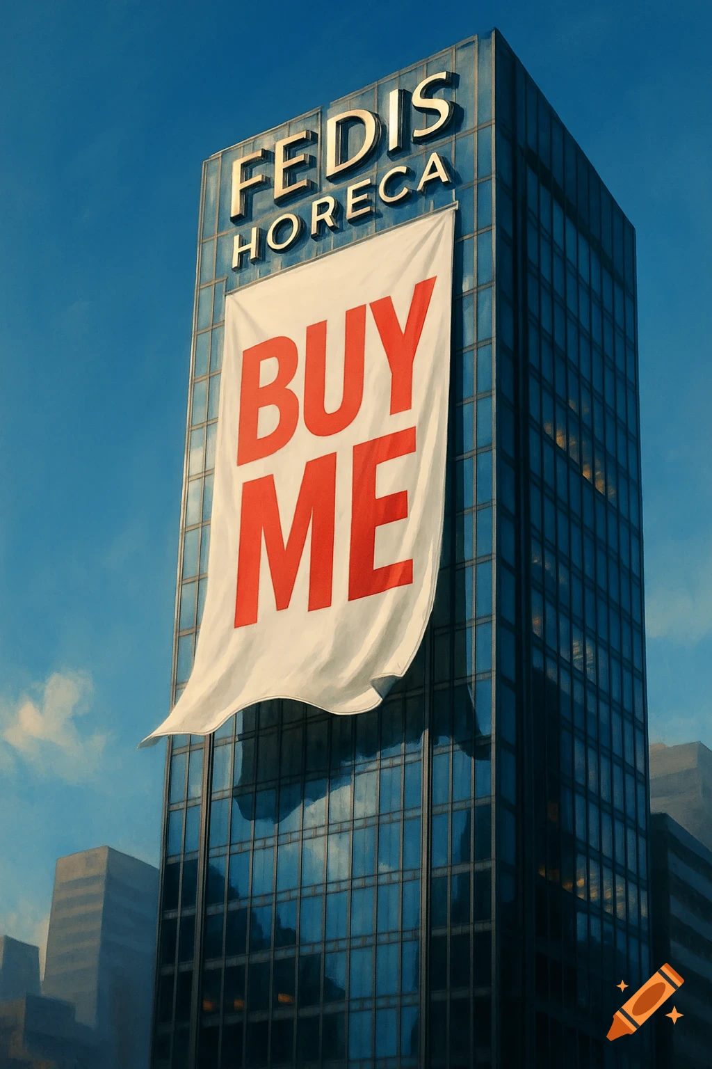 A modern office building with blue windows and 'FEDIS HORECA' signage. A white banner reading 'BUY ME' hangs from its facade under a clear blue sky.