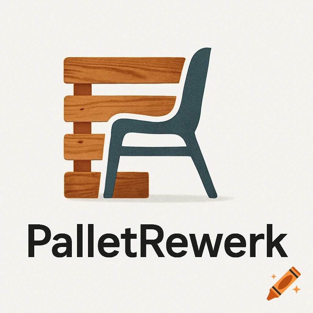 Logo with a stylized dark grey chair and stacked brown wooden pallets above the text 'PalletRewerk', on a light background.