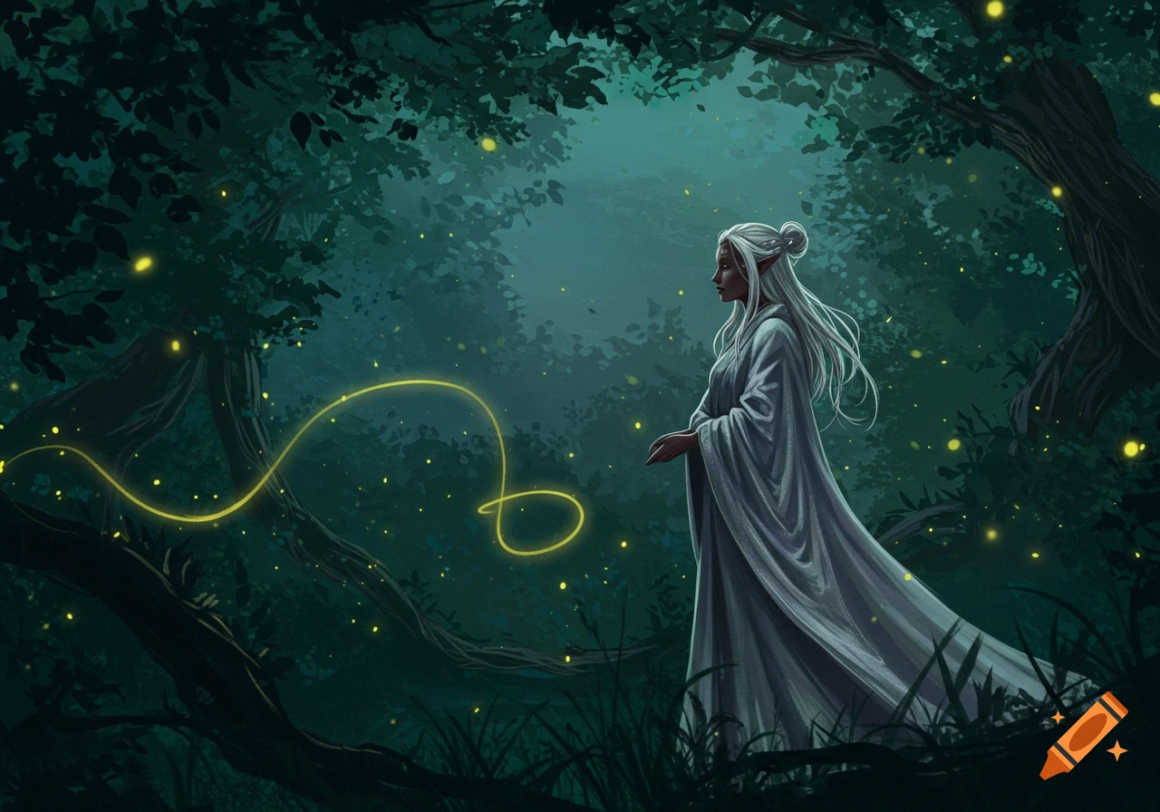 A white-haired elf in a flowing white gown stands in a dark, mystical forest illuminated by glowing yellow fireflies and magic.