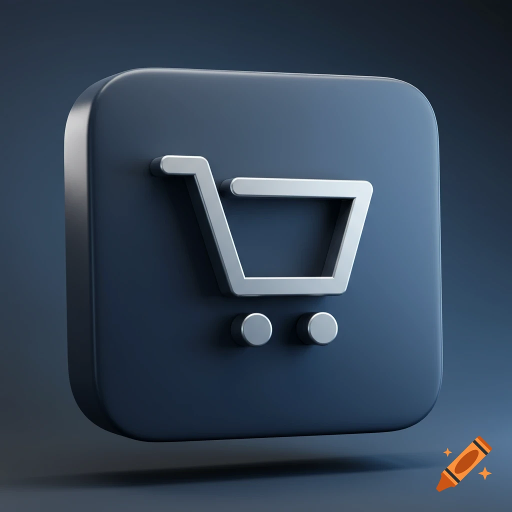 3D silver shopping cart icon on a dark blue square button, floating against a dark background.