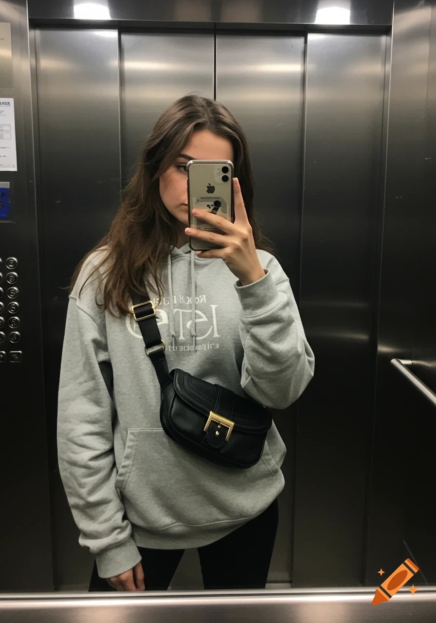 Young woman in a gray hoodie takes a mirror selfie in an elevator, carrying a black crossbody bag.