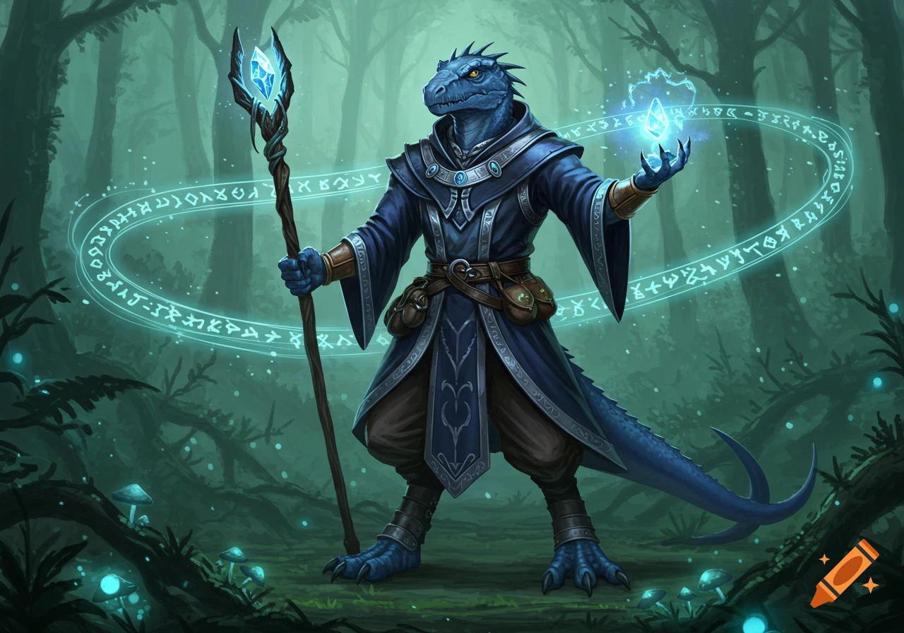 A blue lizardfolk sorcerer in a dark blue robe holds a staff and a glowing crystal, surrounded by magical runes in a mystical forest.