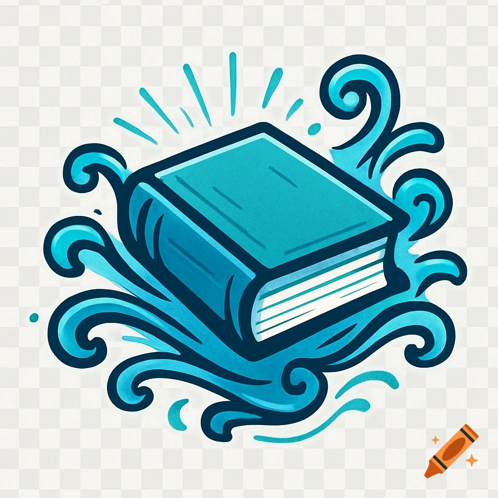Stylized sea blue cartoon book logo surrounded by dynamic blue waves and lines.