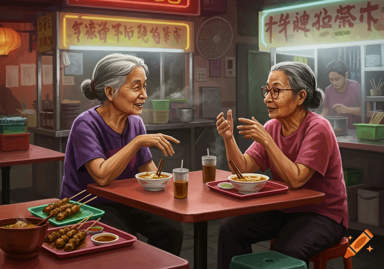 Two elderly Asian women chat and eat at a bustling hawker center, depicted in a vibrant illustration style.