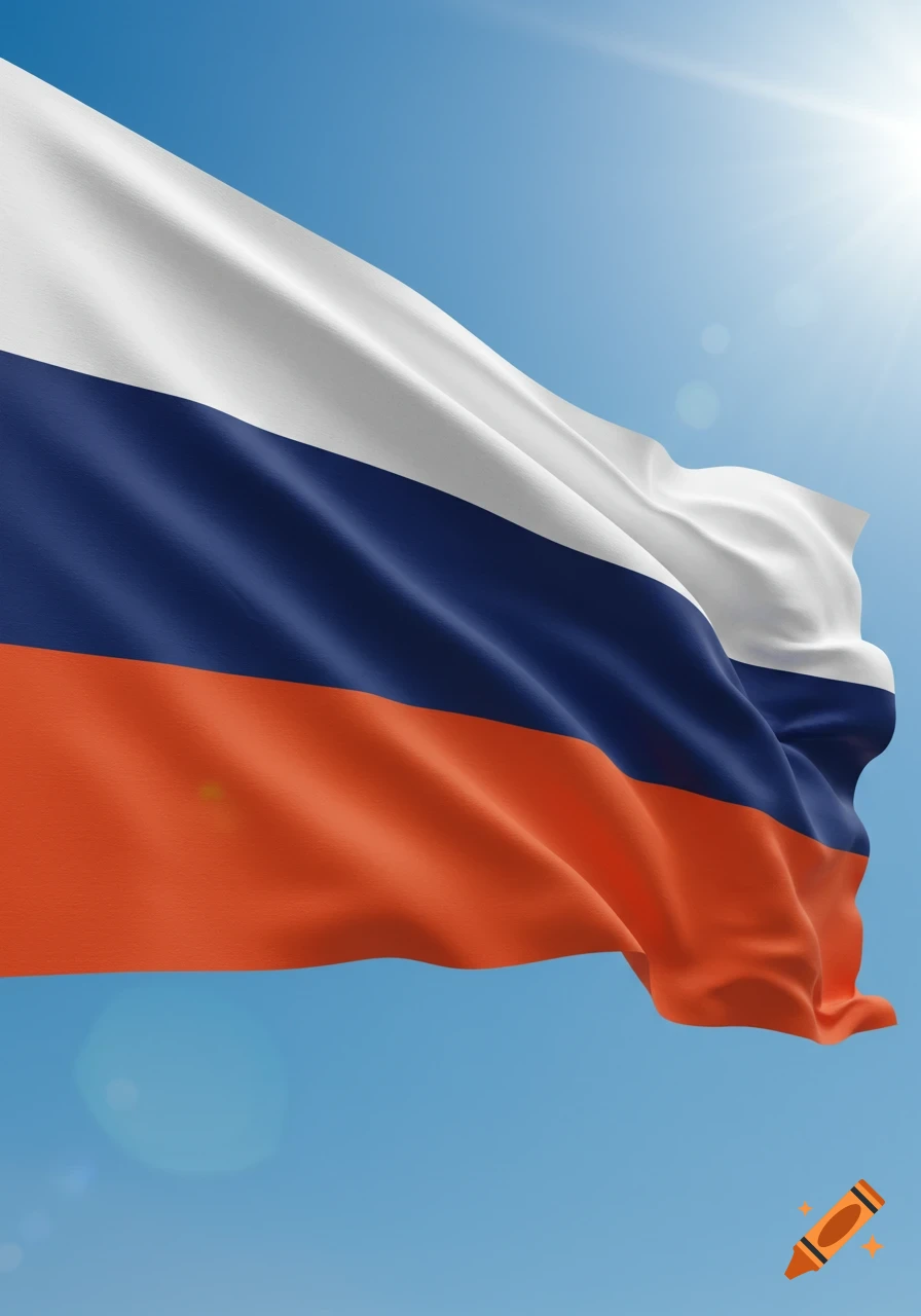 The Russian flag with white, navy blue, and orange horizontal stripes waves against a bright blue sky with a sun flare.