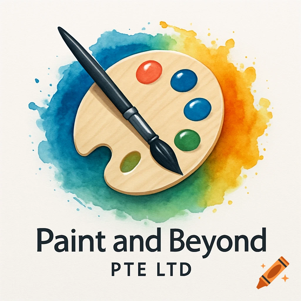 A logo featuring a painter's palette, a brush, watercolor splashes, and the text 'Paint and Beyond PTE LTD'.