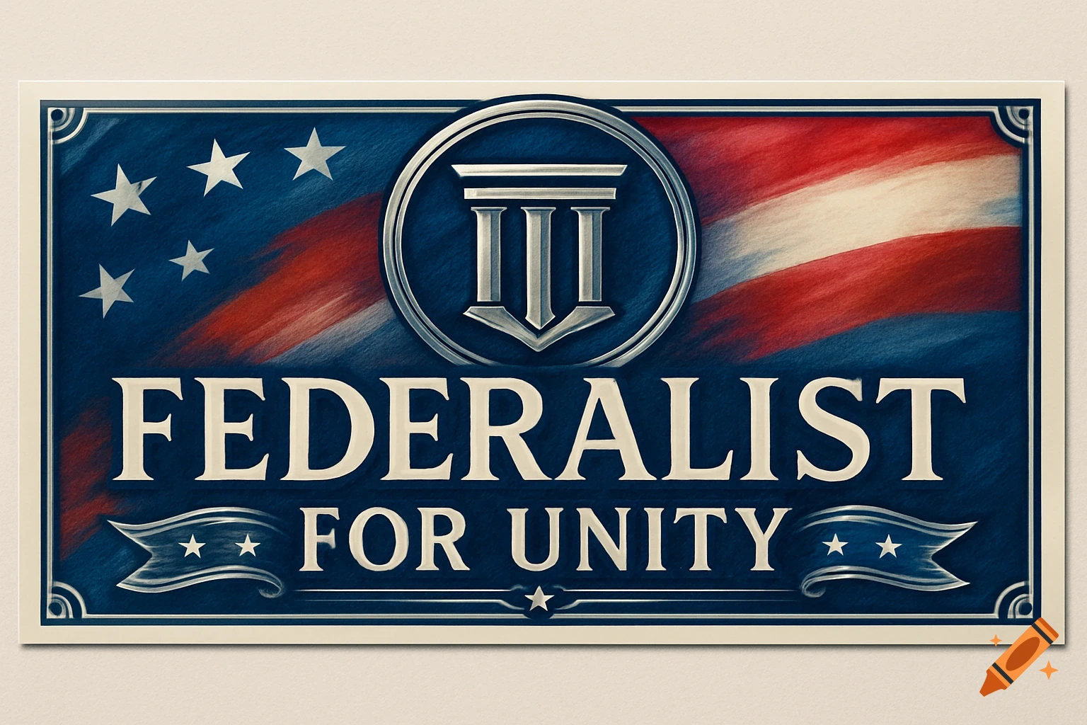 A patriotic poster with a red, white, and blue background and stars, featuring the text 'FEDERALIST FOR UNITY' and a Roman numeral III symbol.