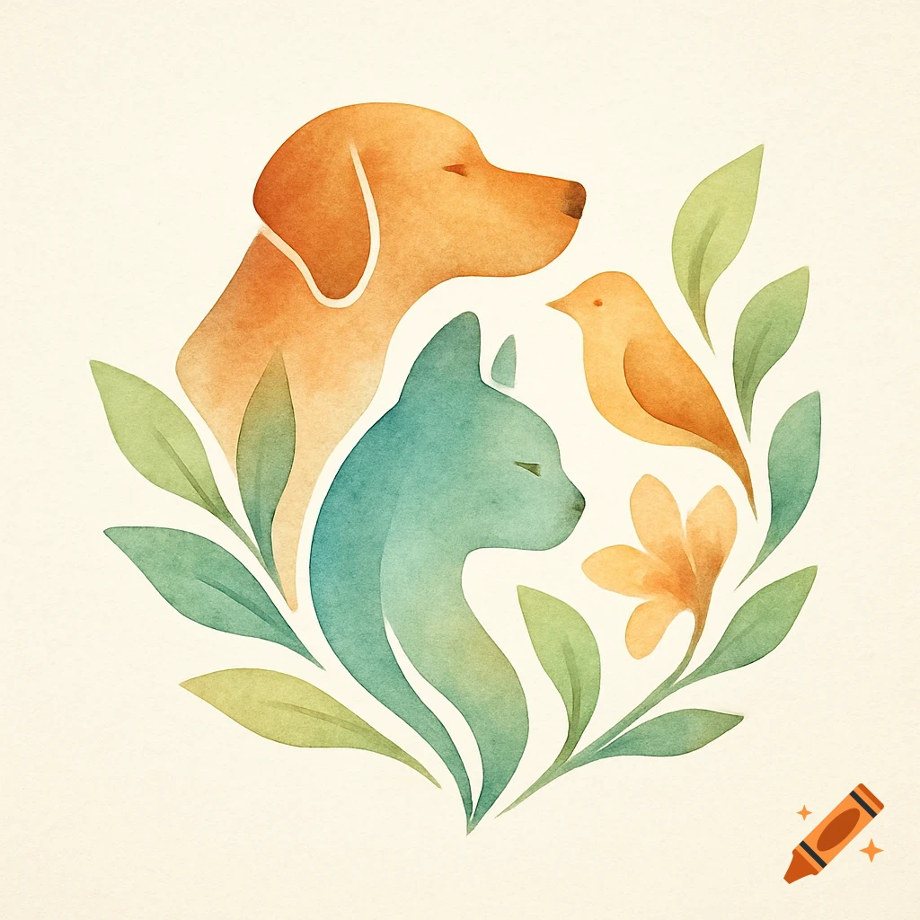 Abstract watercolor illustration of a dog, cat, and bird nestled among green leaves.