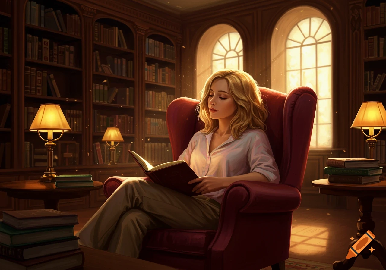A blonde woman in a white shirt and pants reads a book in a cozy library with large windows and bookshelves, digital art.