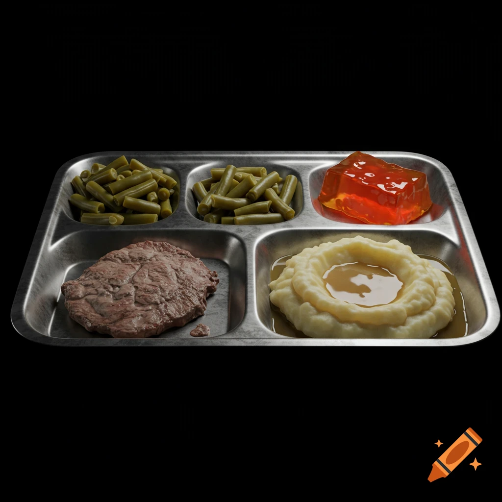 A metal cafeteria tray holds unappetizing green beans, red gelatin, mashed potatoes with gravy, and a piece of meat against a black background.
