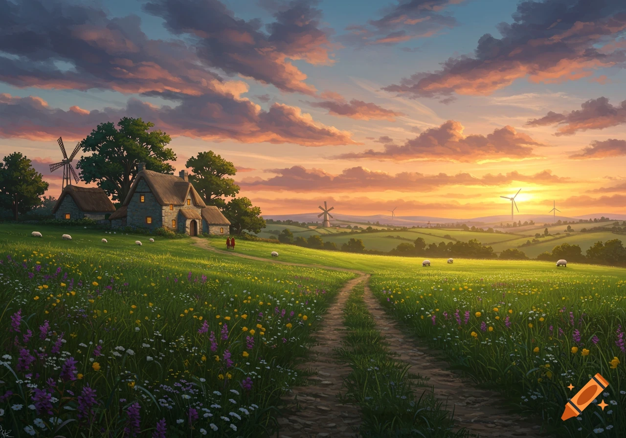 A vibrant painting of a peaceful countryside with a stone cottage and windmill at sunset, overlooking a path through a wildflower field.
