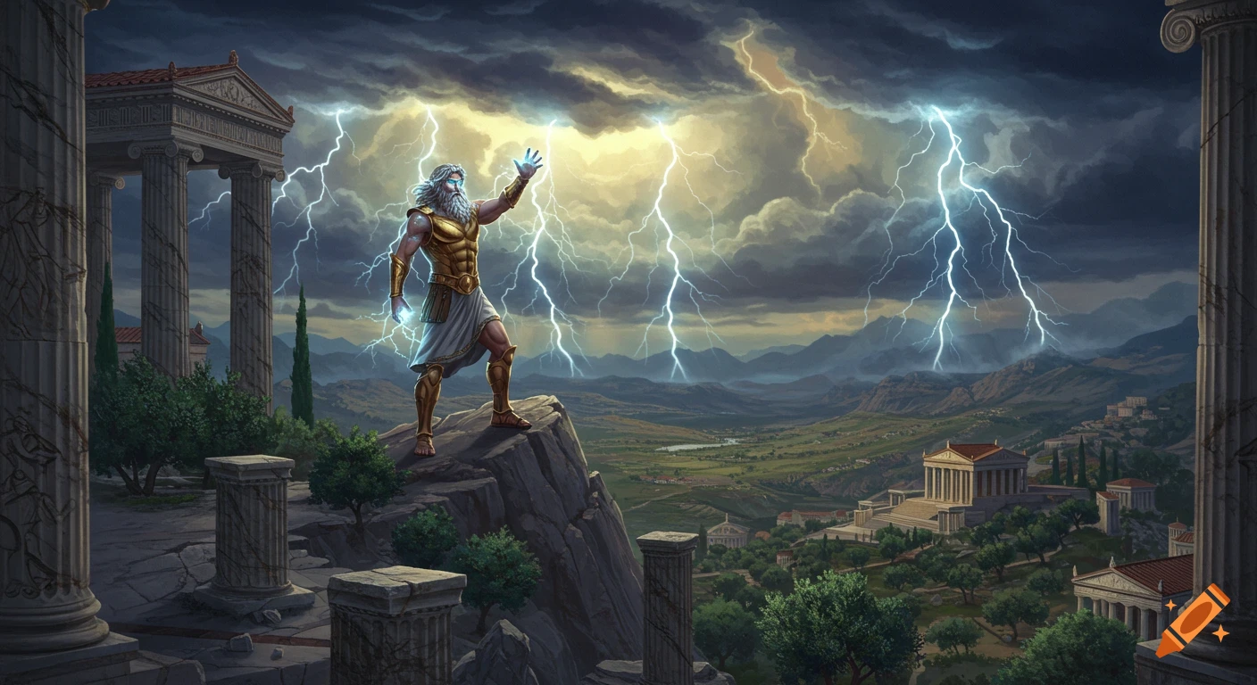 Zeus, king of the gods, stands atop a rocky peak in golden armor, summoning lightning over ancient Greek temples and a vast valley.