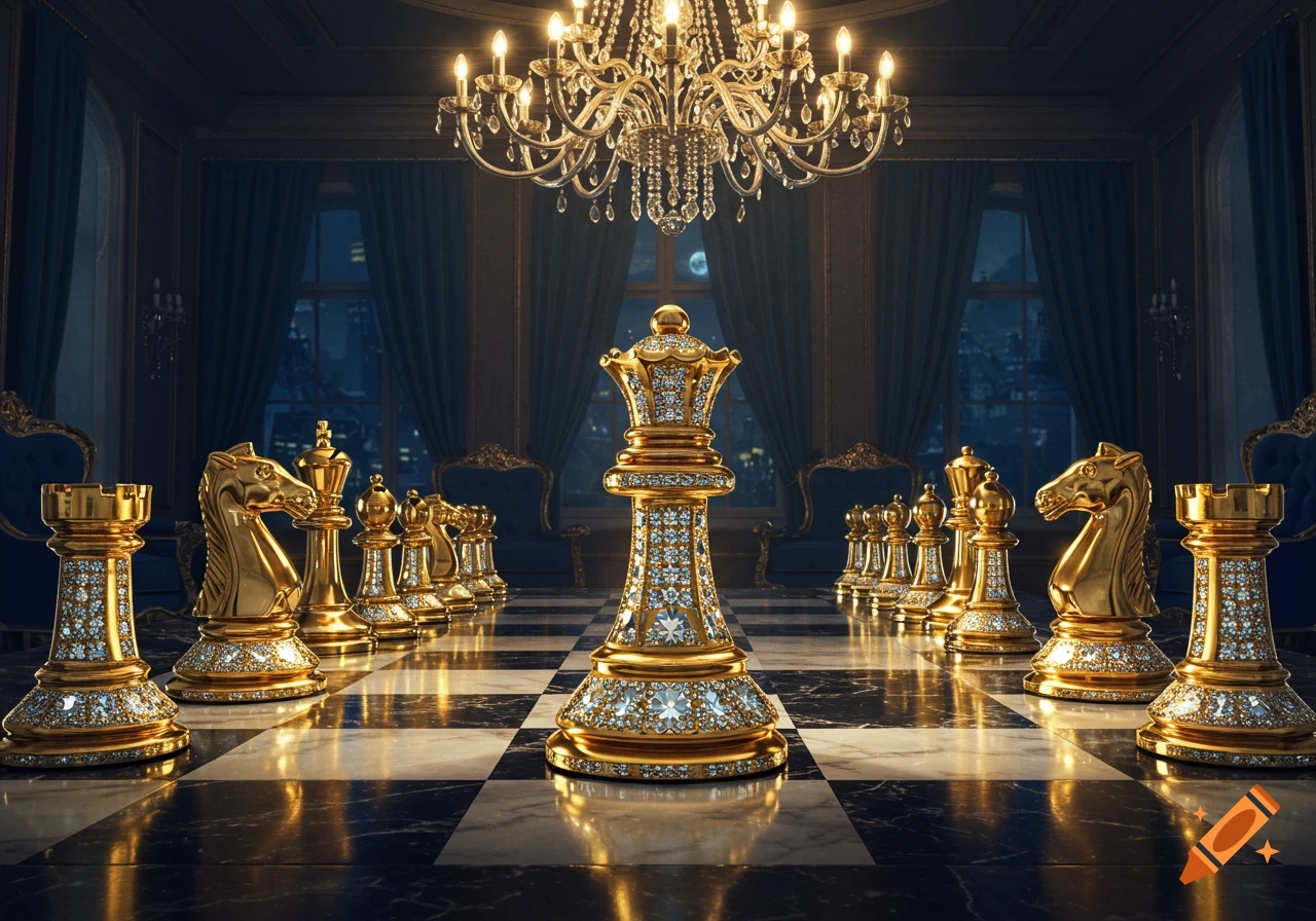 A luxurious golden and diamond-studded chess set on a marble board in a grand, dimly lit room with a chandelier.