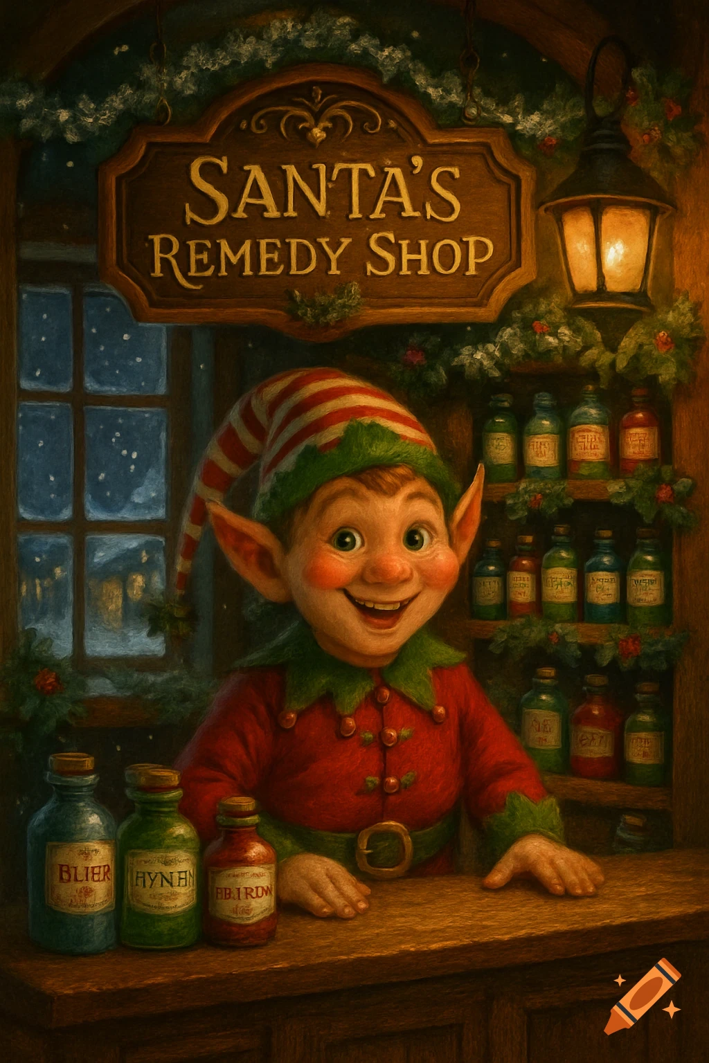 A smiling Christmas elf with pointy ears and a striped hat stands behind a counter in Santa's Remedy Shop, surrounded by bottles.