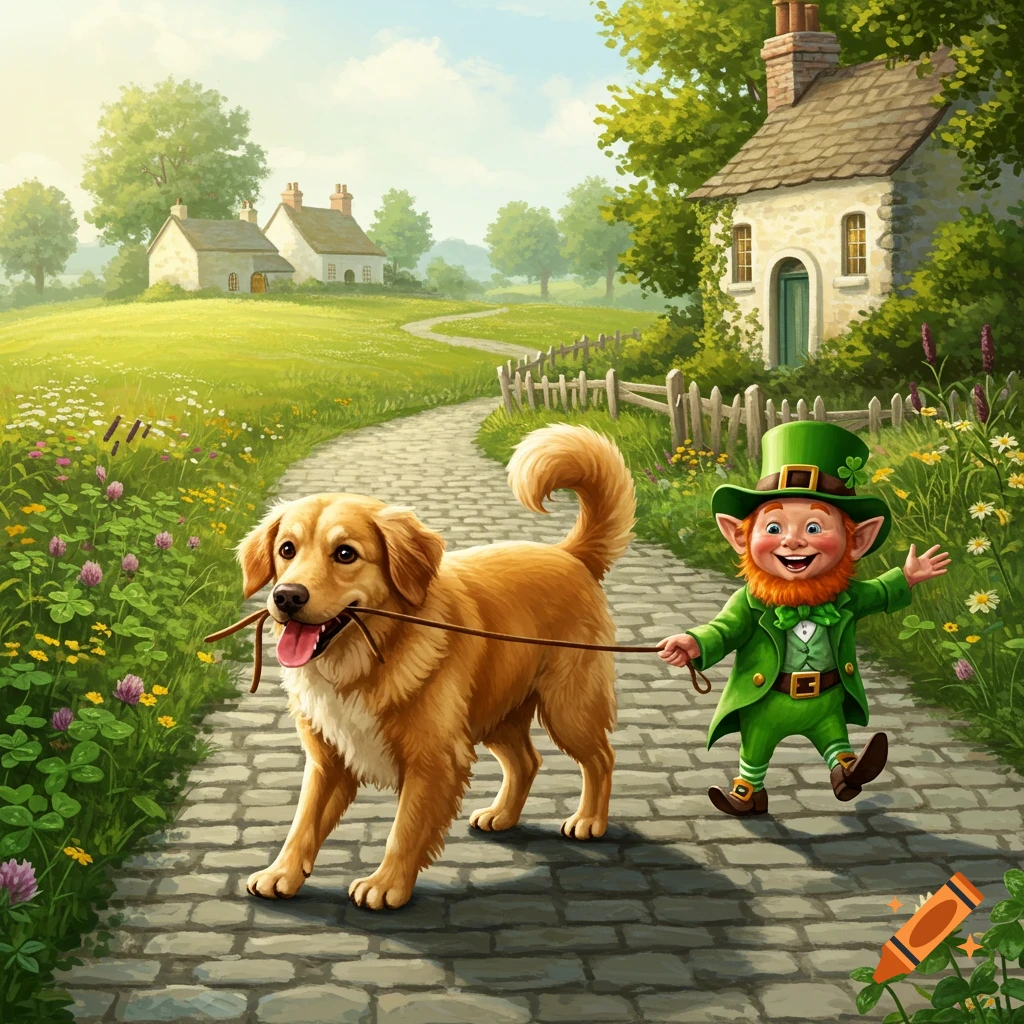 A whimsical illustration of a smiling leprechaun being walked by a golden retriever on a cobblestone path in a green field.