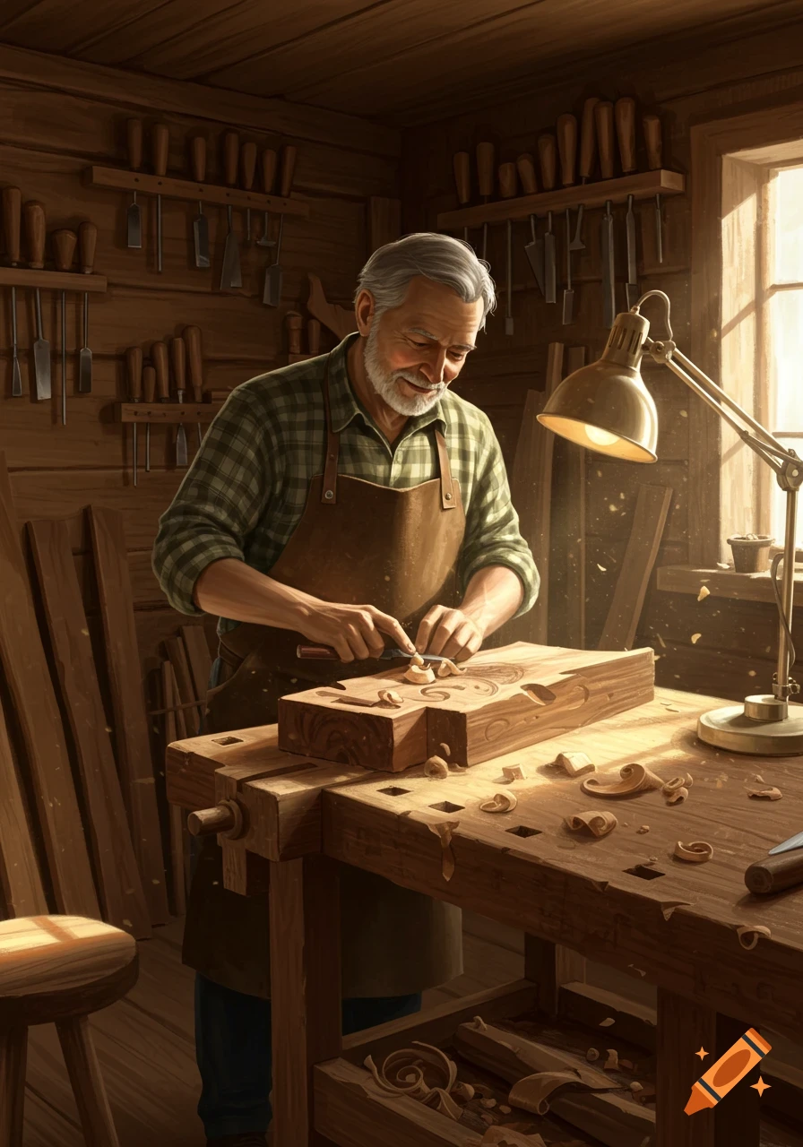 An elderly craftsman carves wood in a rustic workshop, illuminated by a desk lamp.