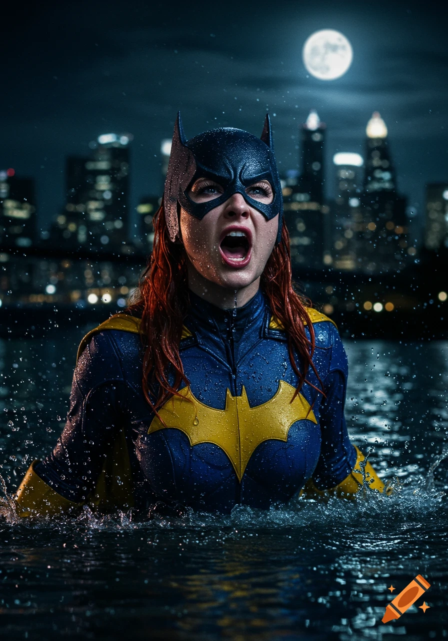 Photorealistic Batgirl in blue and yellow suit emerges soaked from a city river at night, intense expression, moonlit skyline.