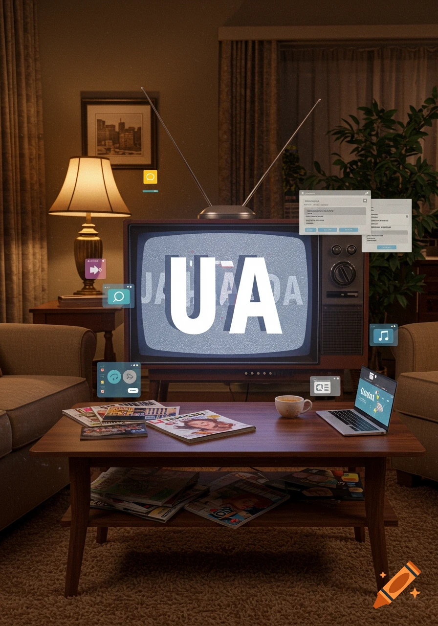 A vintage living room with a large, old television displaying "UA" in white block letters. Various digital interface elements float around the TV, and a laptop and magazines are on the coffee table.