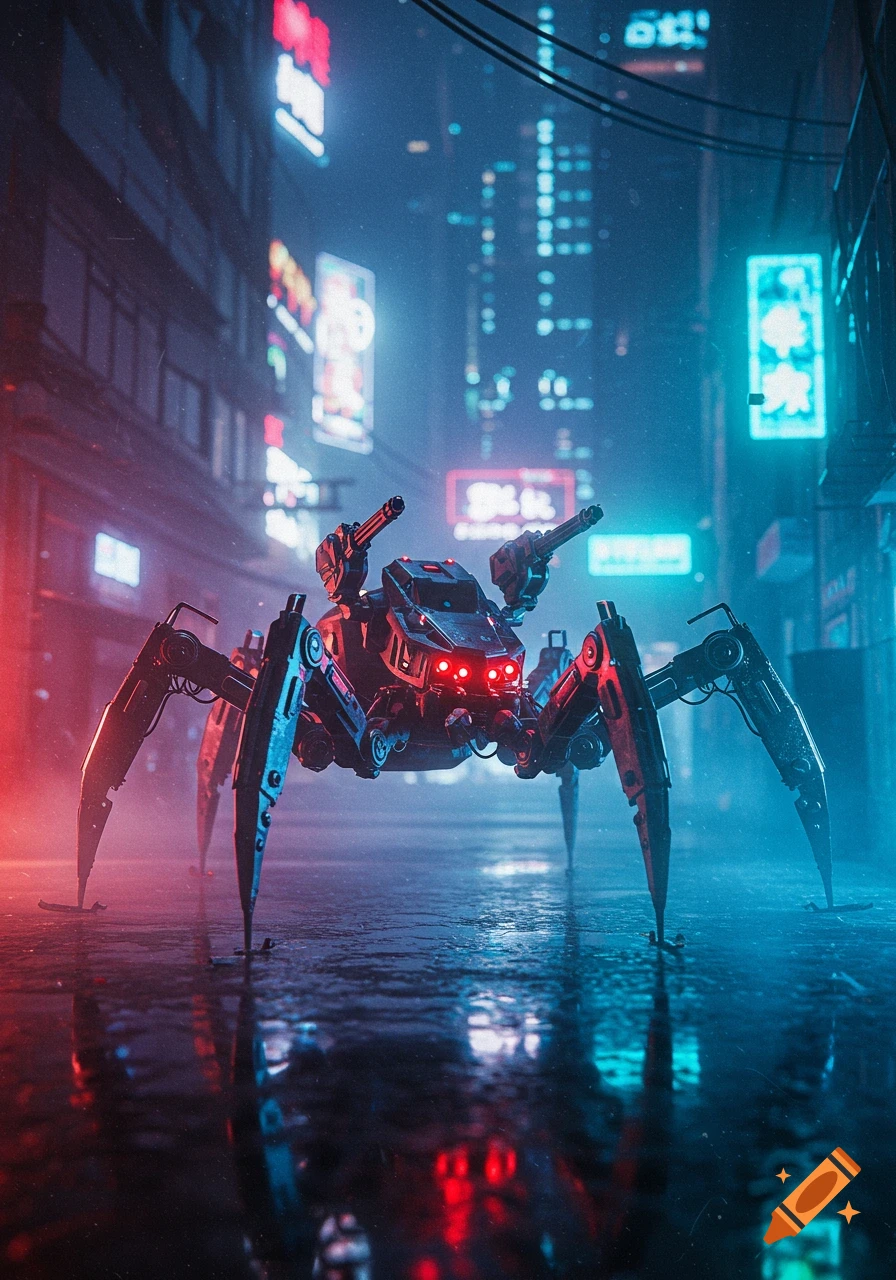 A detailed robot spider with guns on its back stands on a wet street in a neon-lit cyberpunk city, with reflections.