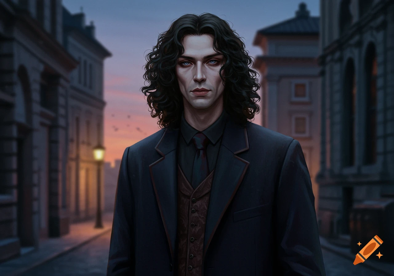 A pale man with long dark curly hair and a suit stands on a city street at dusk.
