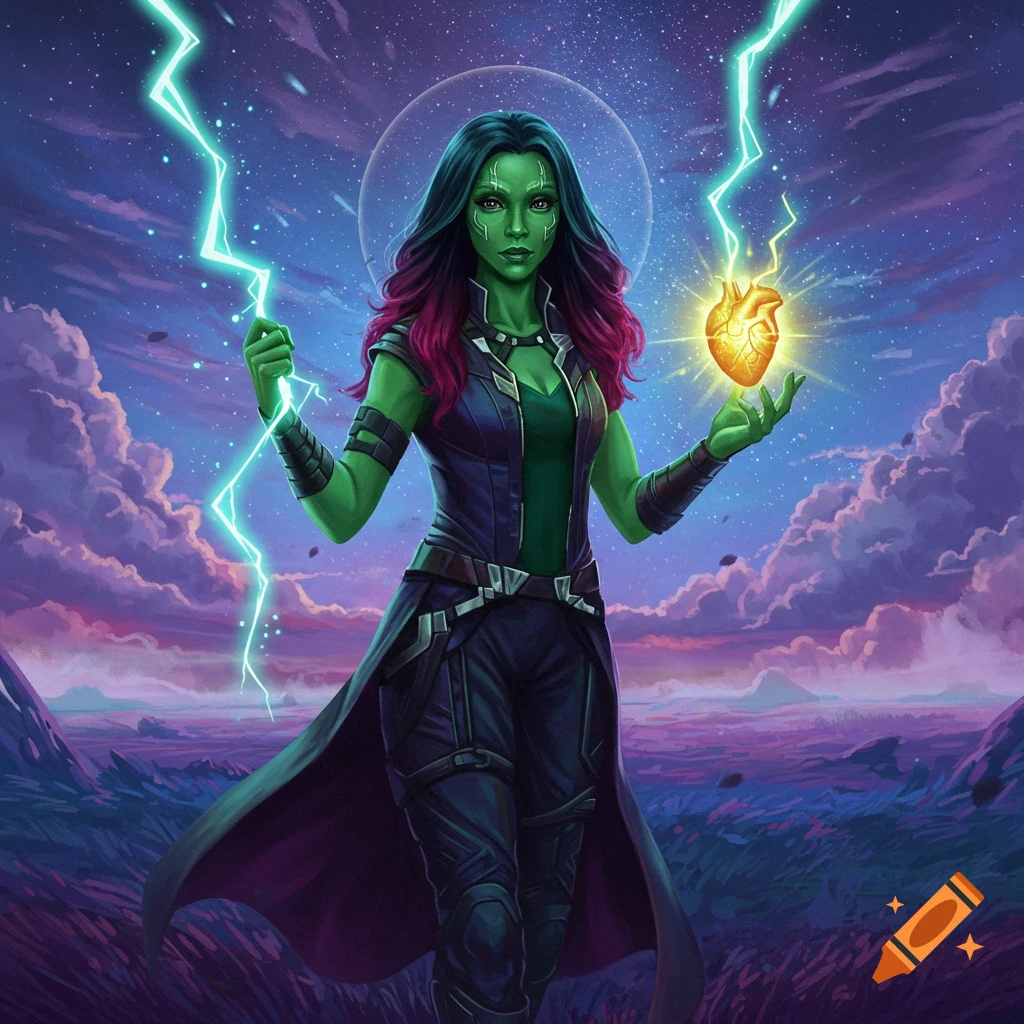 Green-skinned Gamora with purple hair holds a glowing heart and lightning against a cosmic landscape in a digital painting.