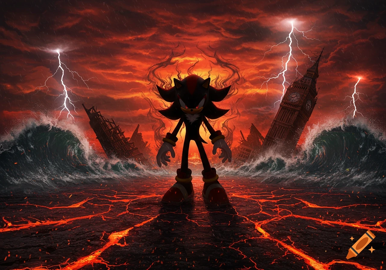 Shadow the Hedgehog stands on cracked lava, flanked by huge waves and ruined buildings including Big Ben, under a fiery, lightning-filled sky.
