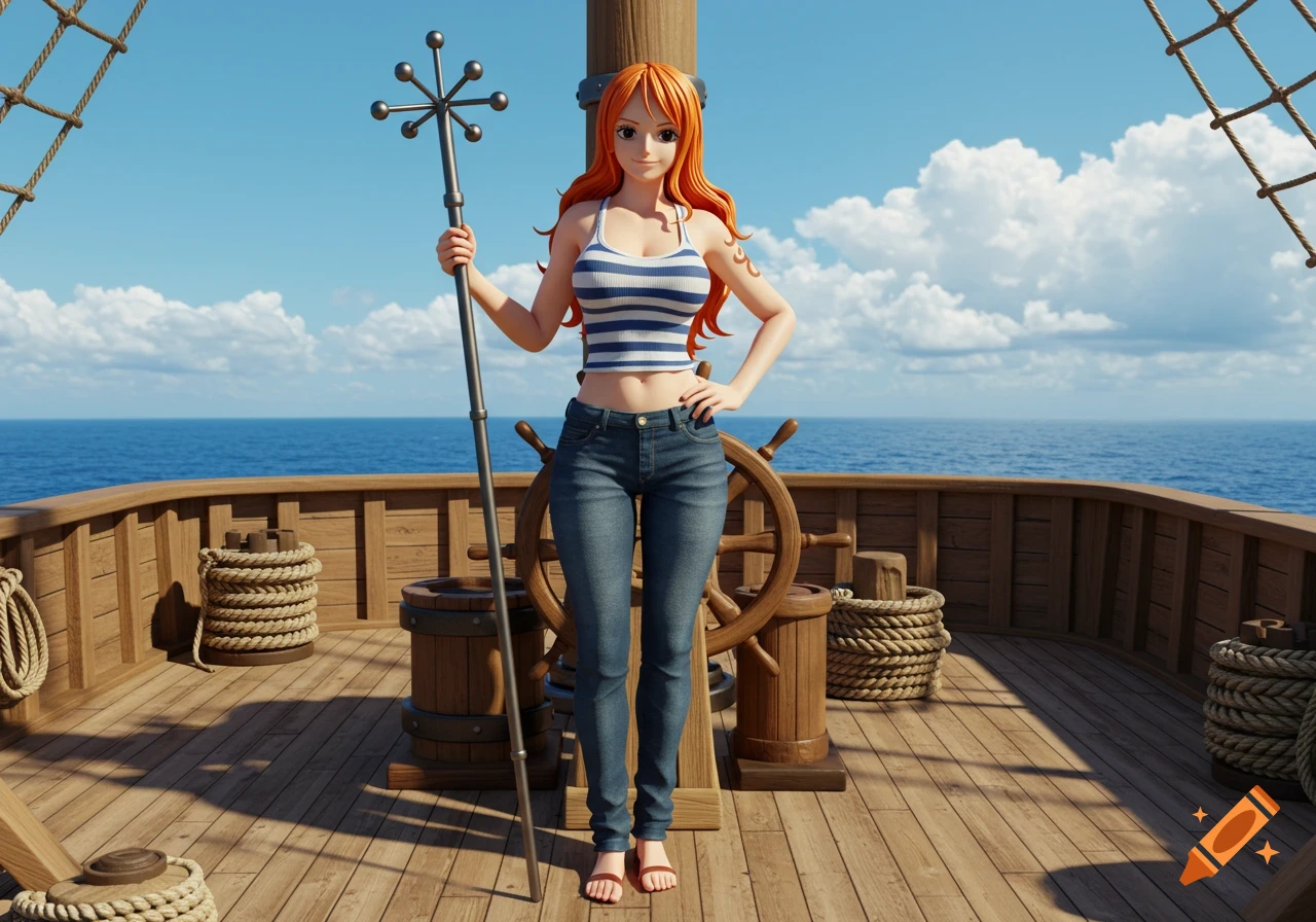 Nami from One Piece stands on a wooden ship deck, holding her staff against a clear blue sky and ocean.